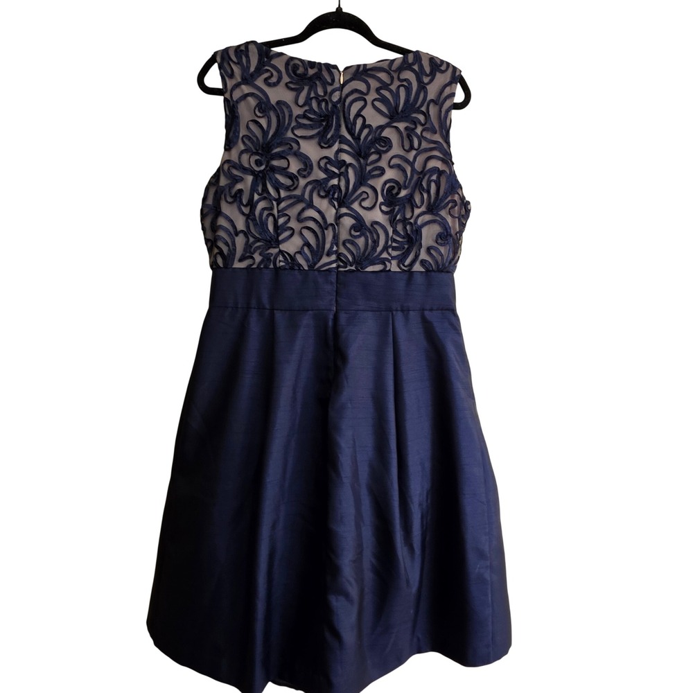 LUXE J Howard Cocktail Dress W 14 Navy Blue Lace Bodice Pleated Taffeta Skirt